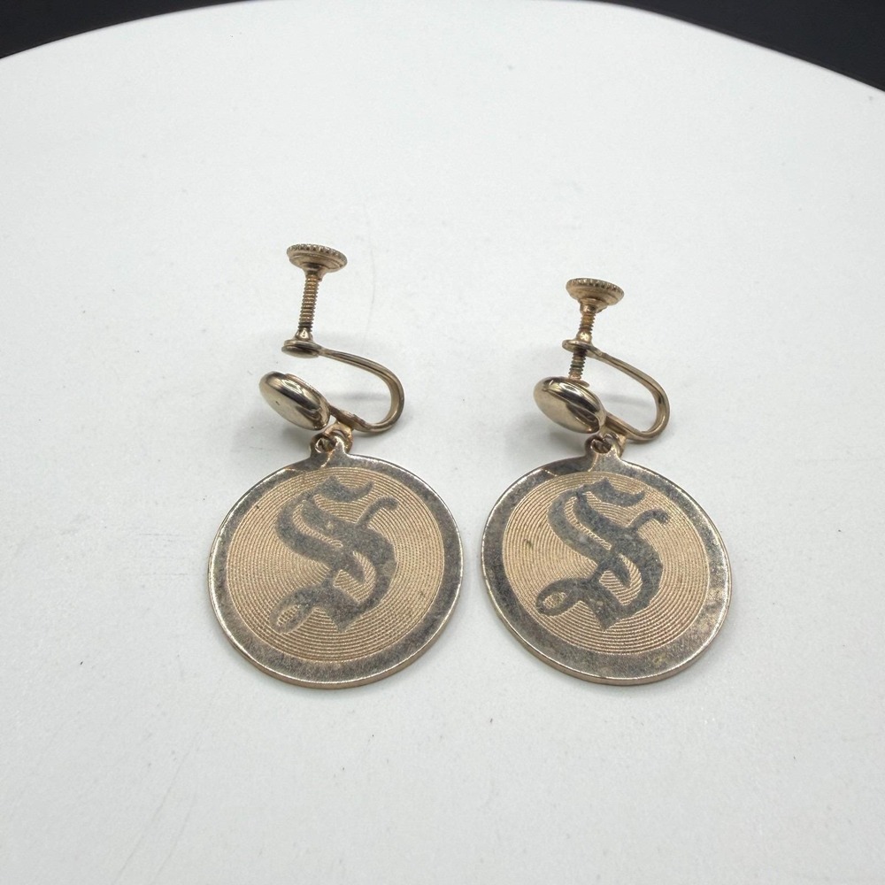 Asian Dragon Medallion Screw Back Dangle Earrings Silver Gold Tone Costume Retro